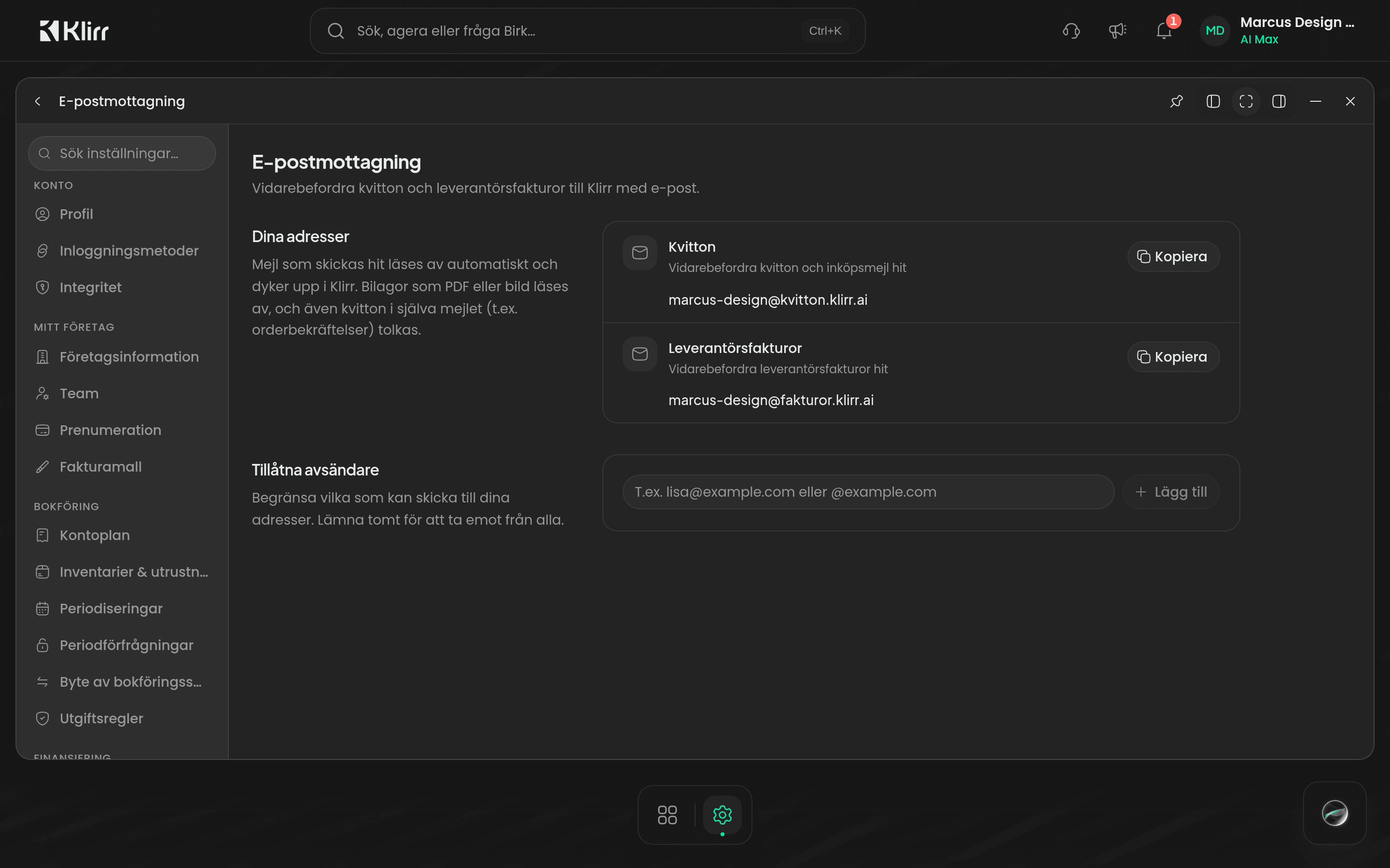 Inställningen E-postmottagning med adresserna för kvitton och leverantörsfakturor
