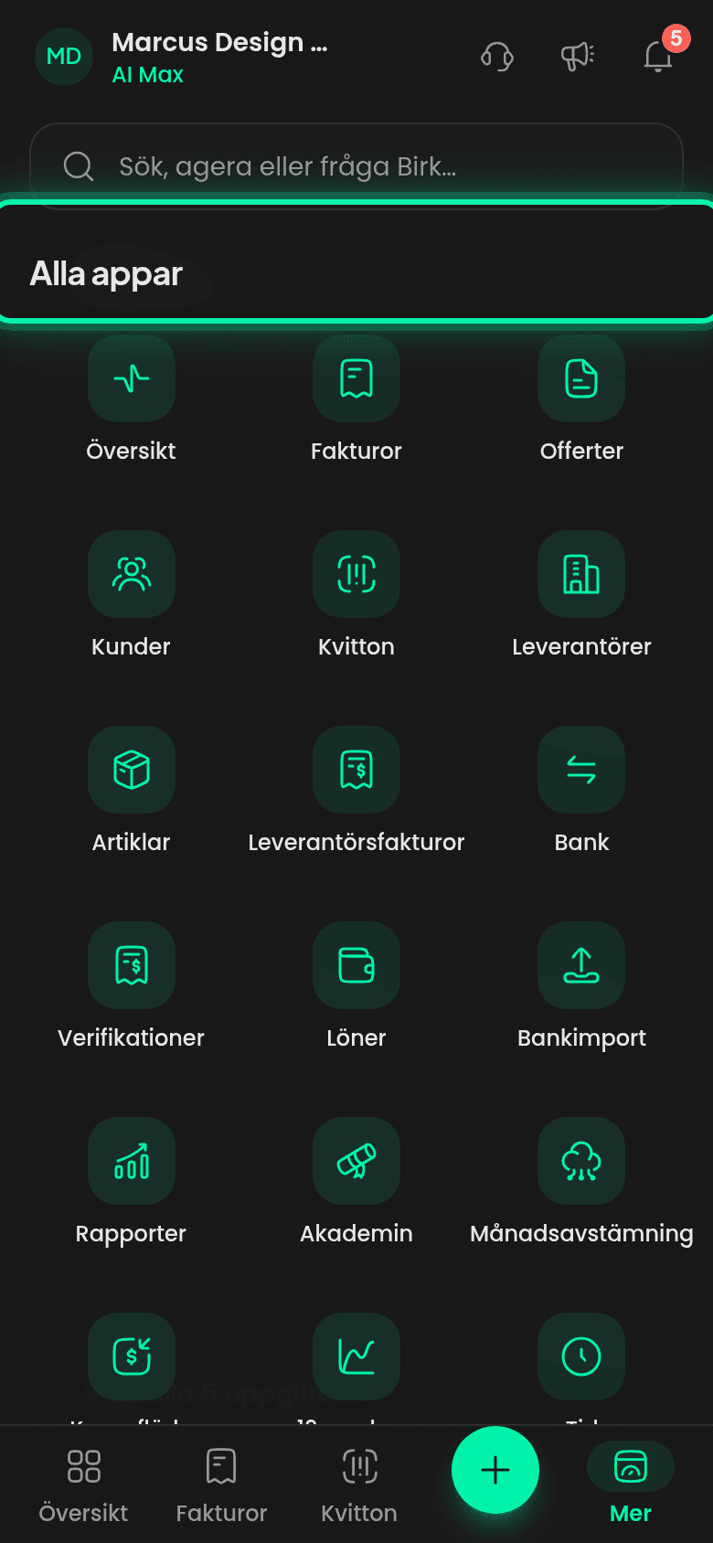 Mobilvyn Mer med sökfält och listan Alla appar