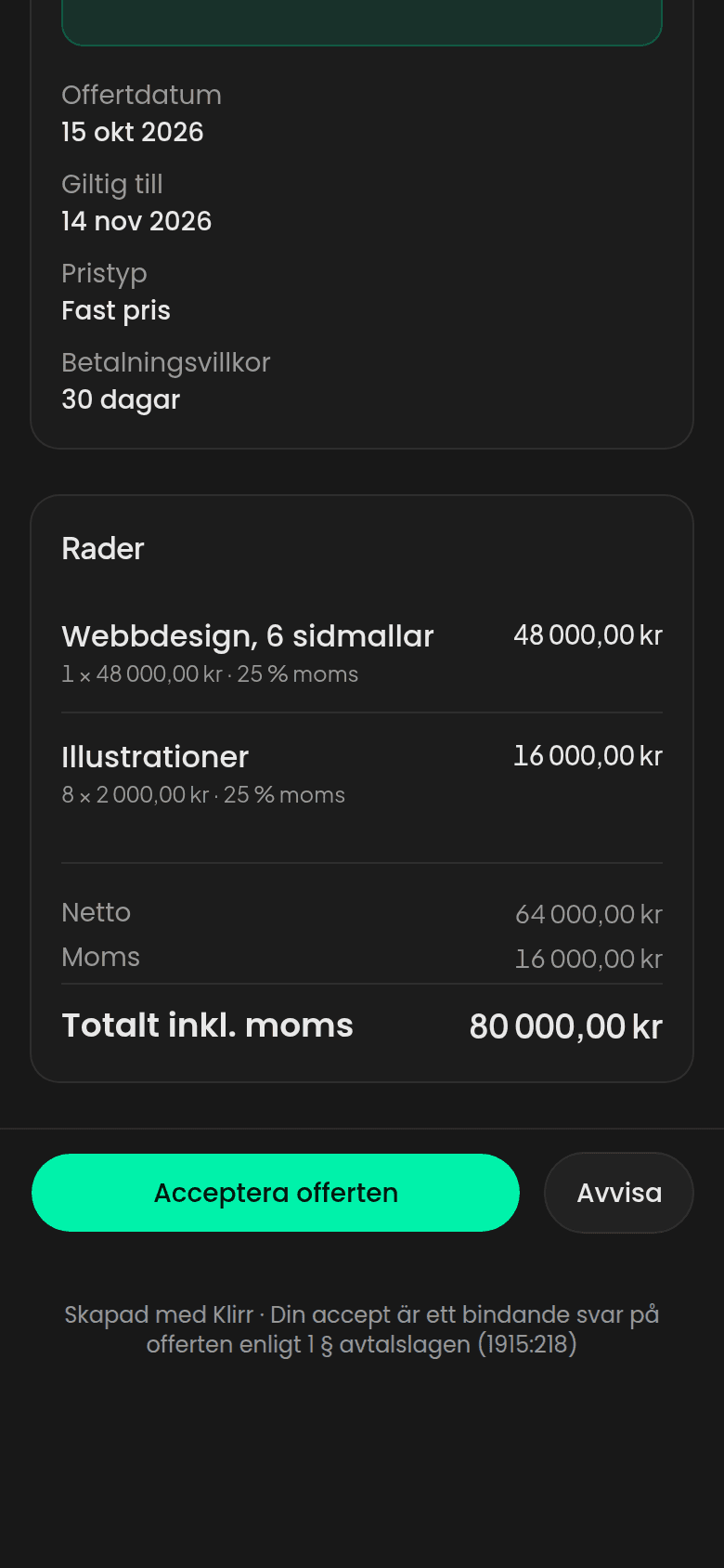 Kundens offertsida i mobilen med knapparna Acceptera offerten och Avvisa
