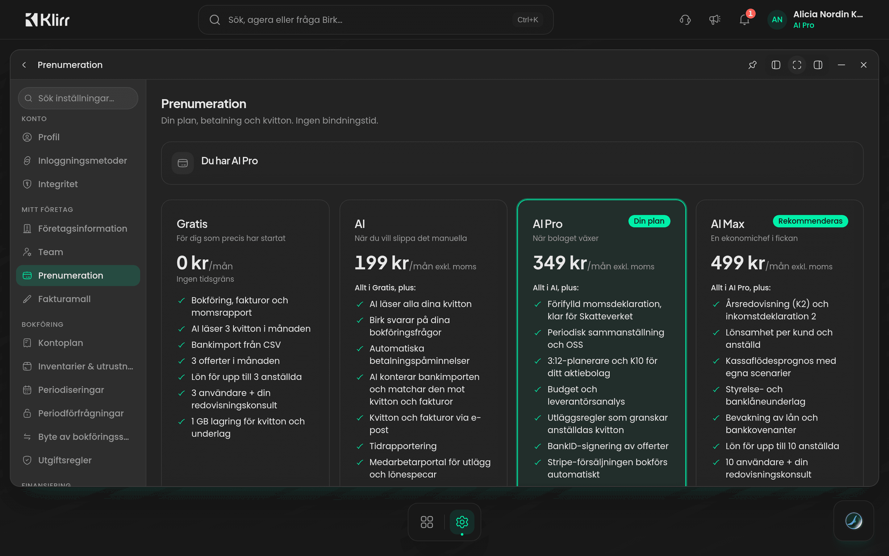 Prenumerationsinställningen med nuvarande plan AI Pro och planerna Gratis, AI, AI Pro och AI Max