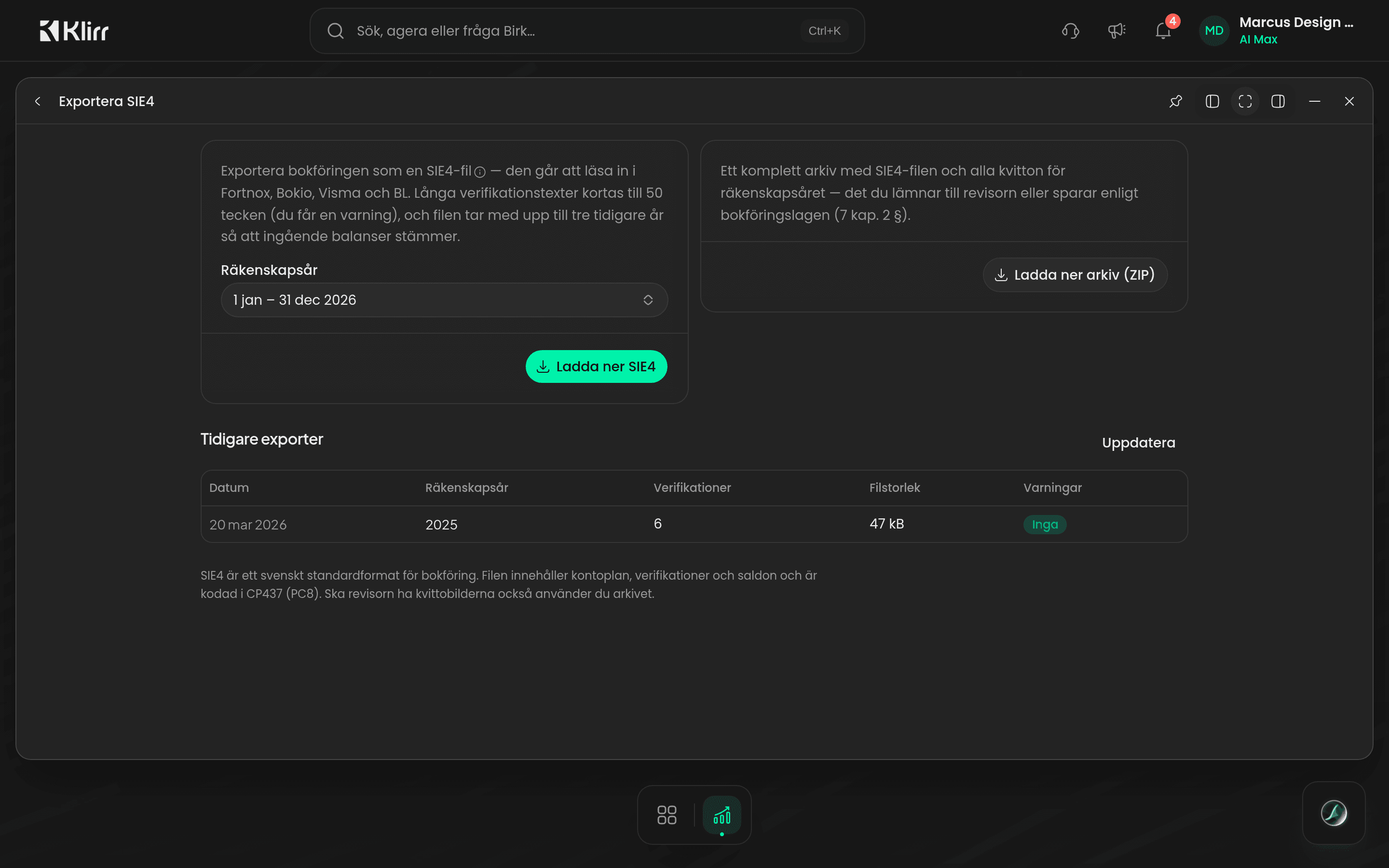 SIE4-export med val av räkenskapsår och tidigare exporter