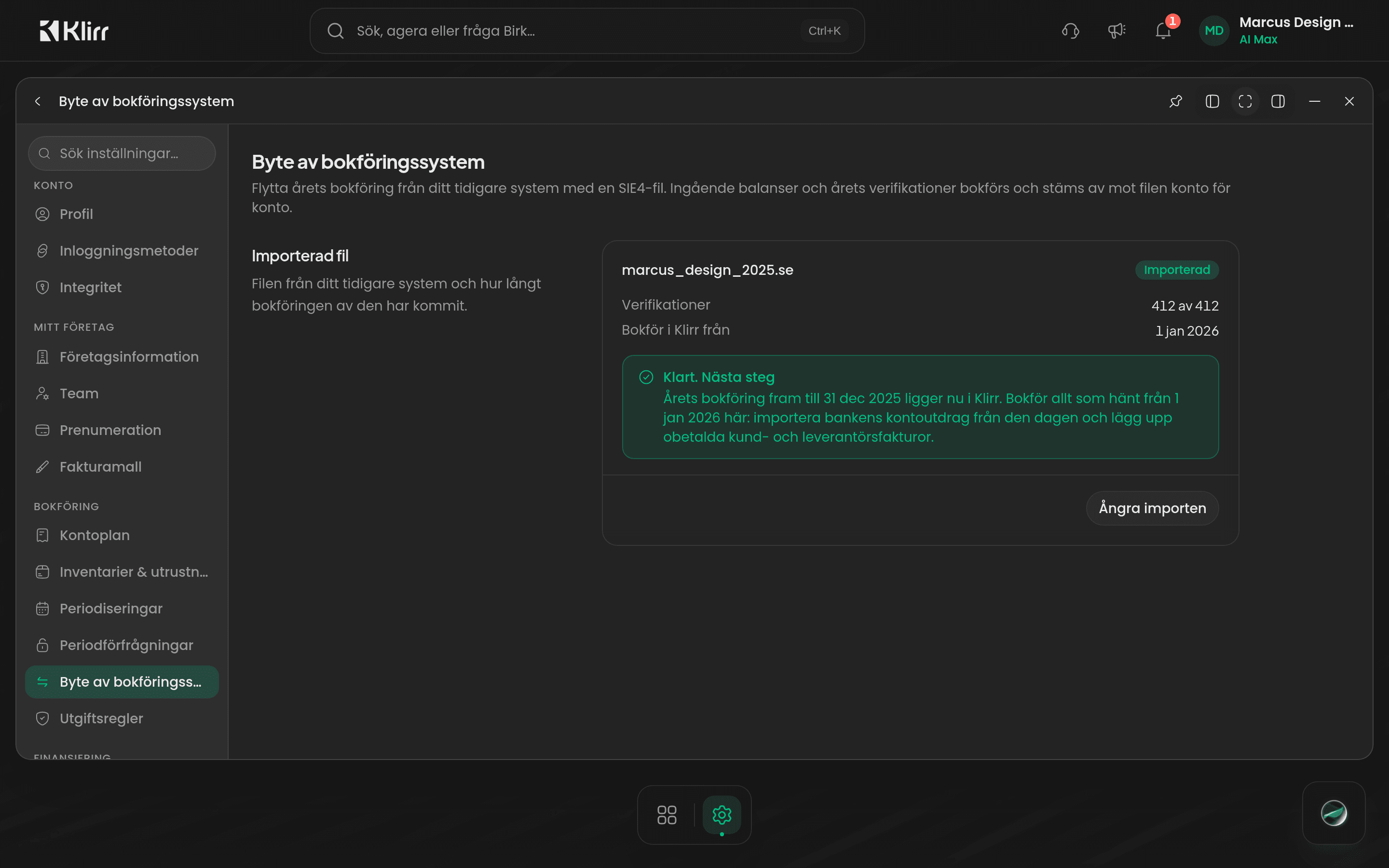 Inställningar, Byte av bokföringssystem med den importerade filen