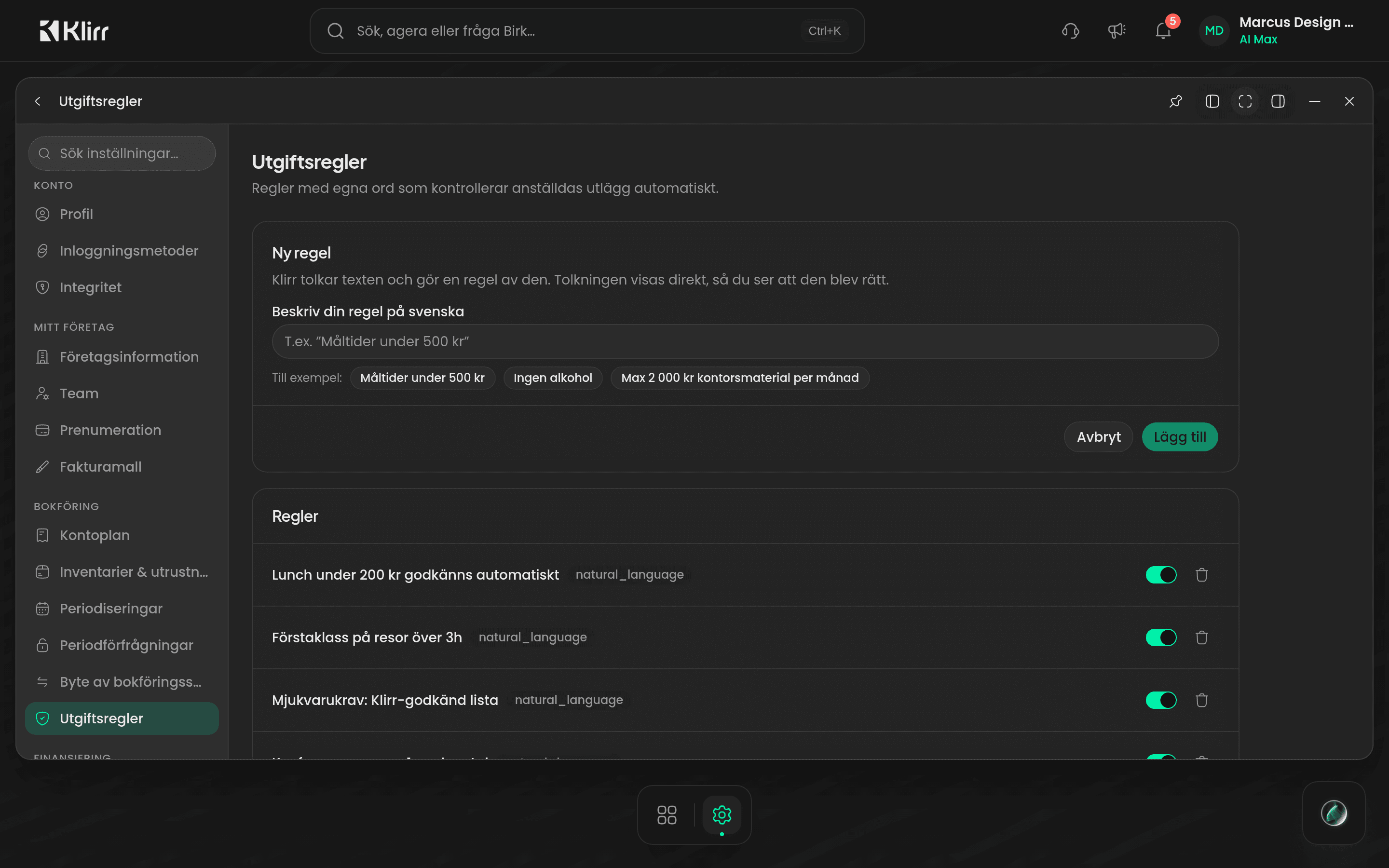 Inställningar, Utgiftsregler med fältet Beskriv din regel på svenska