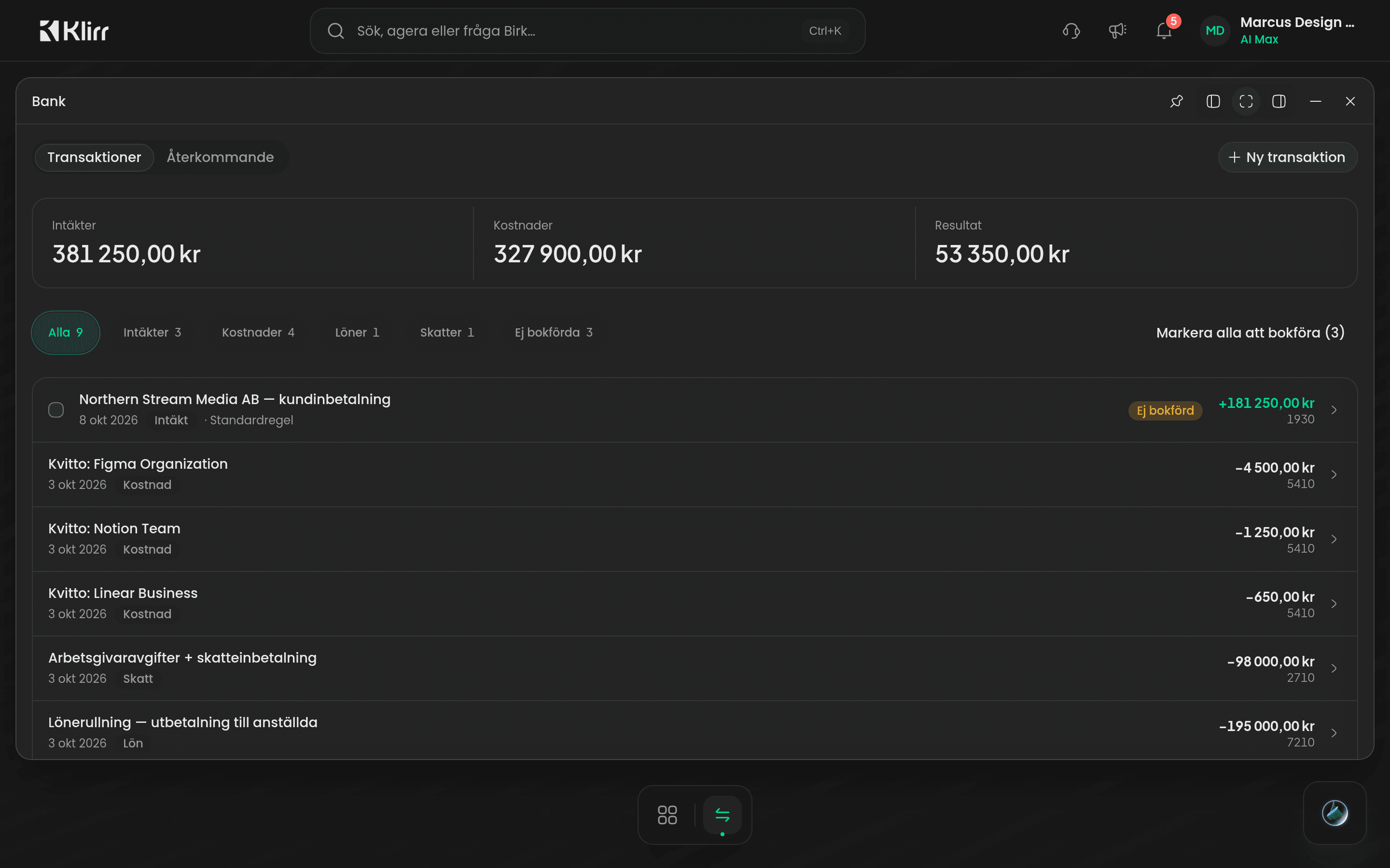 Appen Bank med fliken Transaktioner och filterraden