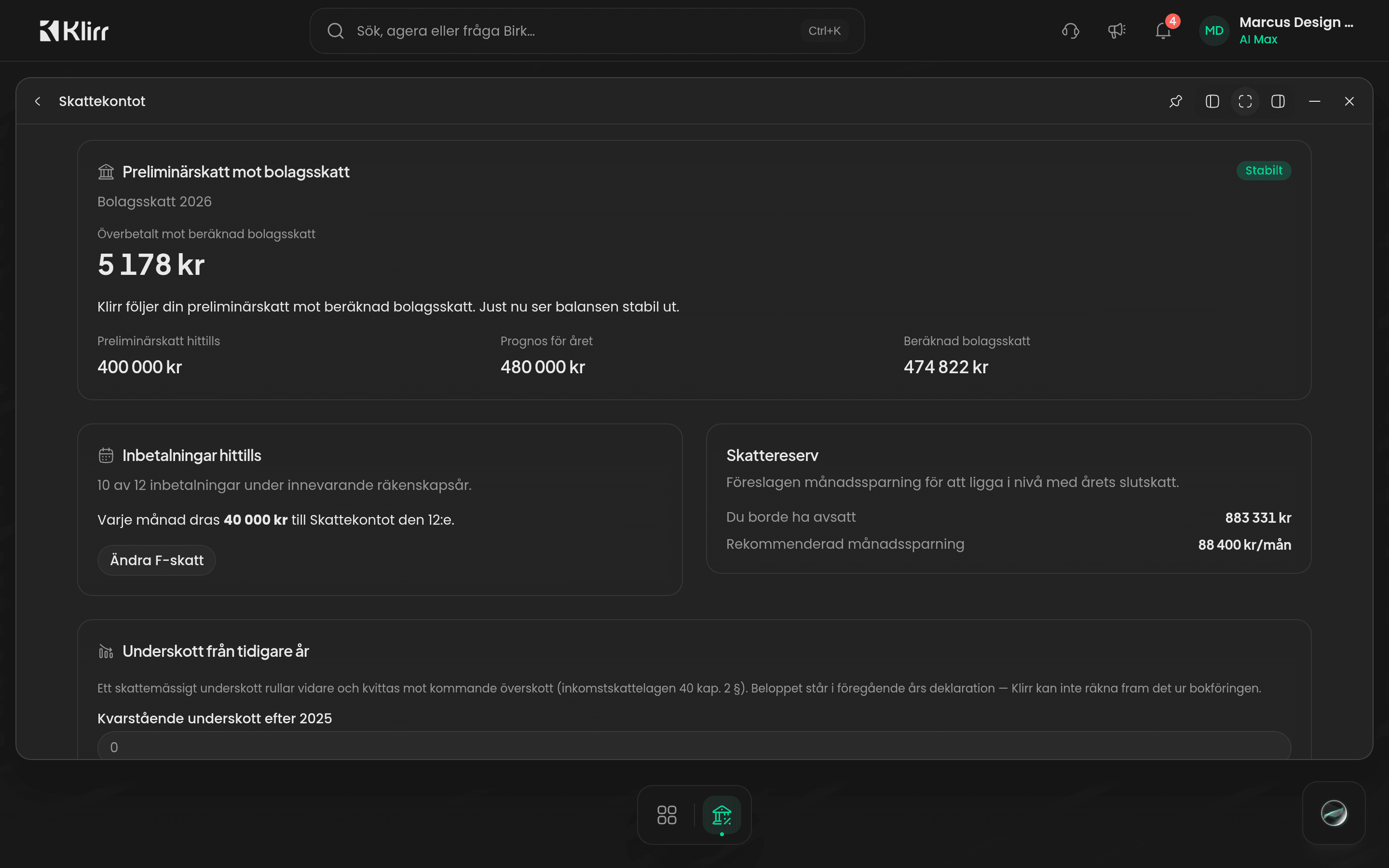 Skatter, Skattekontot med prognos och rekommenderad månadssparning